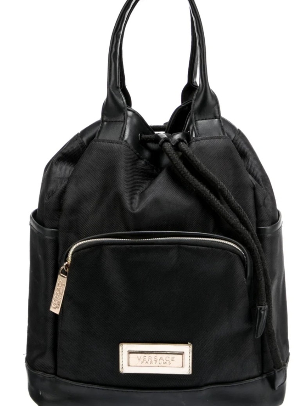 Versace  Perfume Black Nylon  Drawstring Backpack with Gold Accents  Unisex